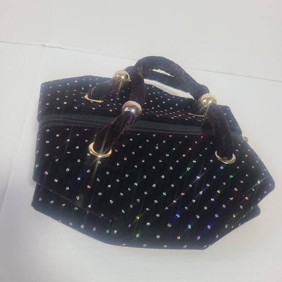 Vintage Black Velvet Rhinestone Evening Handbag w Gold Ball Accent 1960's Style - Picture 14 of 14